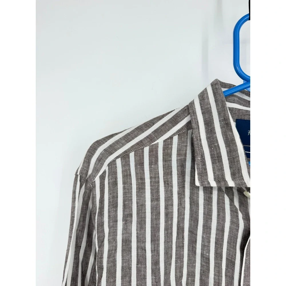 Faconnable Club Deauville Brown/Tan White Striped 100% Linen Shirt Mens Large